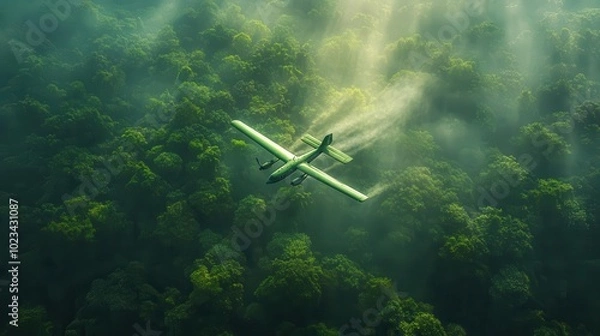 Fototapeta light green aircraft gliding gracefully above lush verdant forests symbolizing ecofriendly innovation and sustainable travel with soft sunlight filtering through the trees