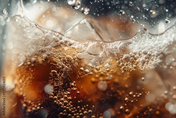 Obraz Fizzy cola with ice and bubbles close-up