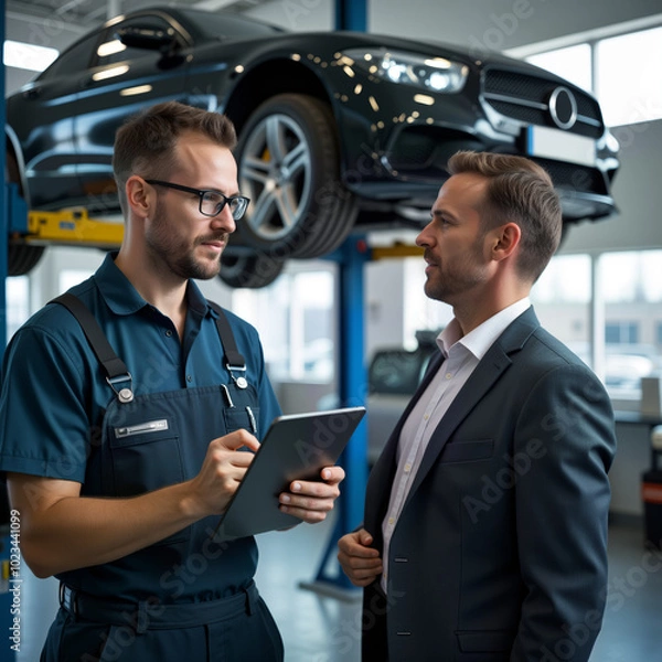 Obraz A mechanic discusses vehicle maintenance with a client in a modern auto repair shop. This image is perfect for automotive services, repair shop promotions, and customer service training materials