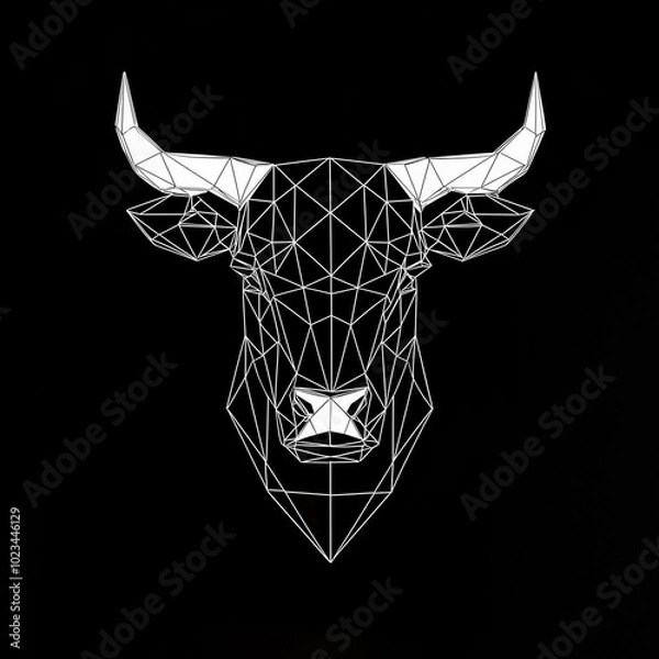 Fototapeta intricate black and white geometric bull portrait with polygonal patterns on a dark backdrop