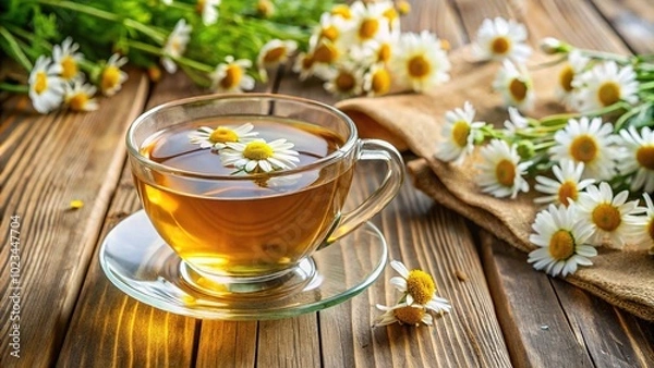 Fototapeta Herbal tea based on chamomile on a wooden table