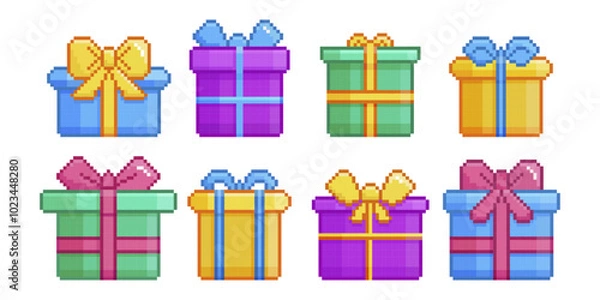 Fototapeta Pixel options for a wrapped presentable gift. Pixel art with gift boxes.
