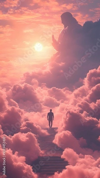 Fototapeta A man walks up the stairs of heaven, approaching God amidst the clouds,