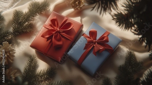 Fototapeta Cheerful Gift Presentation Surrounded by Fresh Evergreen Branches