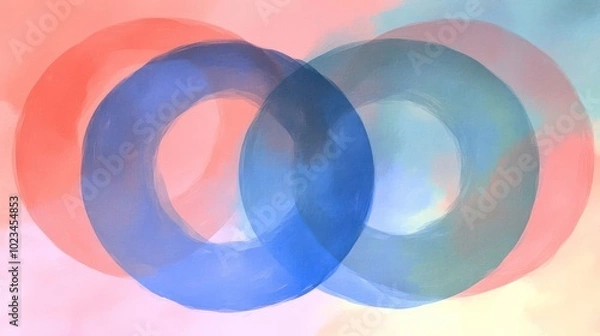 Obraz Abstract artwork featuring overlapping circles in red and blue against a soft background.