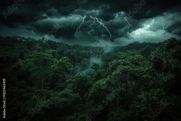 Obraz Stormy forest landscape with dark clouds and lightning in the background.