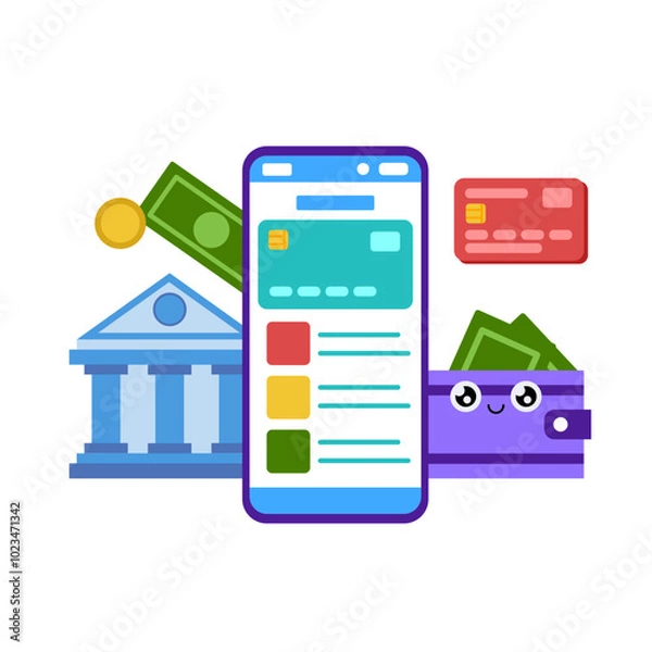 Fototapeta Online bank, online wallet, bank account. Simple color vector illustration.