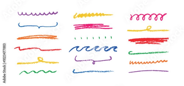 Fototapeta Doodle chalk underlines set. Color line sketches with charcoal marks. Hand drawn vector elements on white background.