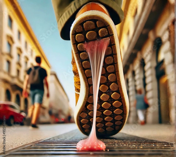 Obraz chewing gum under the shoe pulls threads