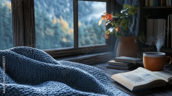 Obraz Cozy Window Seat with Blanket, Book, and Steaming Coffee
