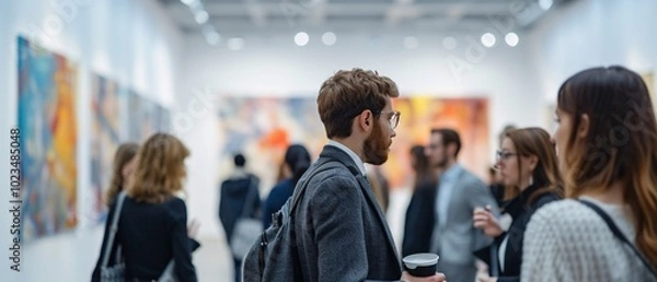 Fototapeta Attendees mingle and appreciate art at a modern gallery opening, enjoying conversation and drinks in a vibrant, cultural atmosphere.