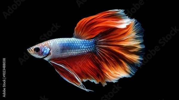 Fototapeta A guppy fish with a flowing tail darting through a dark aquarium, its radiant colors standing out against the shadows.