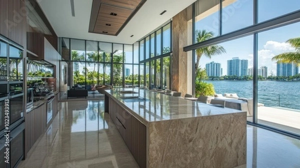 Fototapeta Spacious coastal kitchen with a sleek marble island, overlooking the water through expansive glass windows.