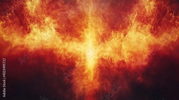 Fototapeta A fiery explosion with orange and yellow flames and smoke against a black background.