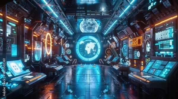 Obraz Futuristic Sci-Fi Control Room with Neon Highlights