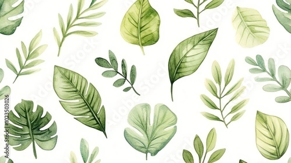 Fototapeta A beautiful collection of green leaves in a watercolor style, perfect for nature-themed designs and backgrounds.