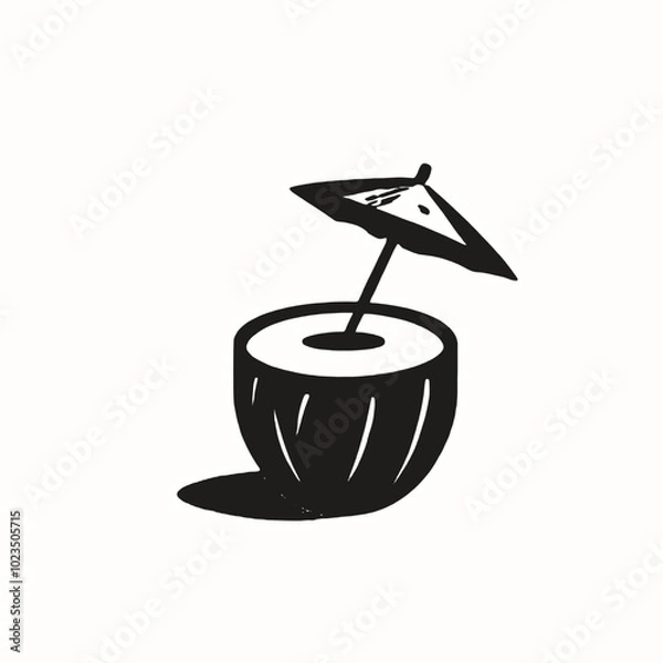 Obraz A black and white illustration of a coconut drink with a straw and umbrella 
