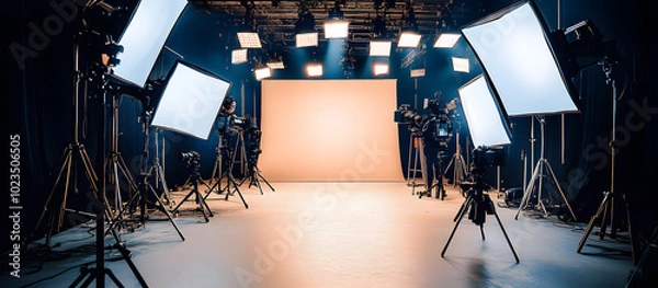 Fototapeta A studio with a large white screen and a number of lights