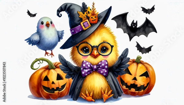 Fototapeta Watercolor Clipart of a funny Halloween baby chicken, isolated on a white background