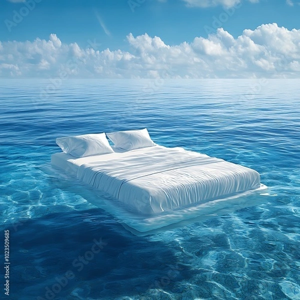 Obraz A surreal scene of a bed floating on calm ocean waters under a bright blue sky with fluffy clouds.