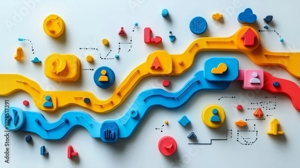 Fototapeta Colorful abstract design featuring icons and pathways representing technology and communication.