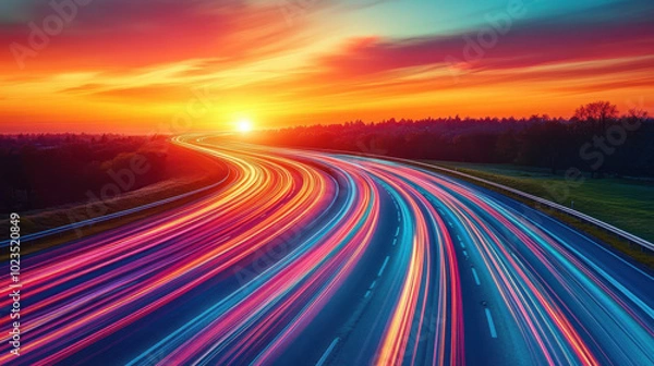 Fototapeta Captivating sunset scene featuring vibrant traffic light streaks on a highway. The blend of colors evokes energy and movement in an urban landscape