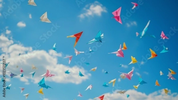 Obraz Colorful paper airplanes soaring in a bright blue sky amidst fluffy clouds.Concept of Makar sankranti