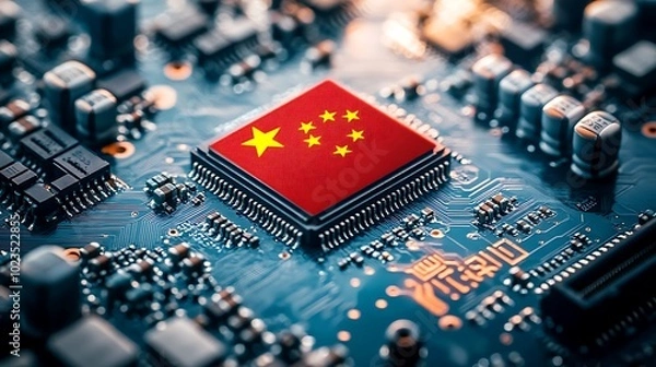 Obraz A close-up of a circuit board featuring a microchip with a Chinese flag design.
