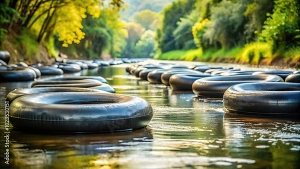 Fototapeta Inner tubes floating on river selective focus
