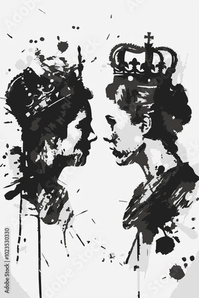 Fototapeta Graffiti-style ink splash art featuring royal busts and crowns. Black and white modern interpretation of classical royalty, displaying power, elegance, and a bold, edgy twist on traditional symbols.