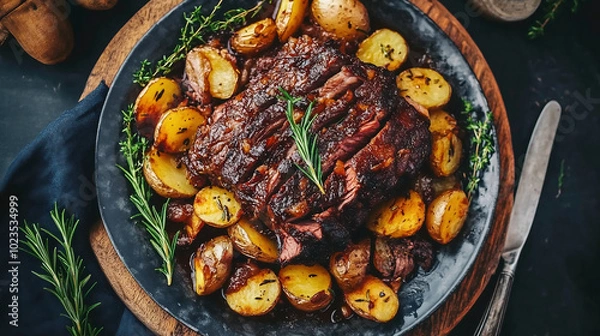 Fototapeta Tuscan roast beef, A rustic plate of whole, thick beef brisket with caramelized potatoes and rosemary, photographed from above in natural light, 