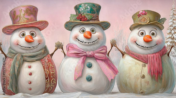Obraz Three snowmen on a pale pink background.