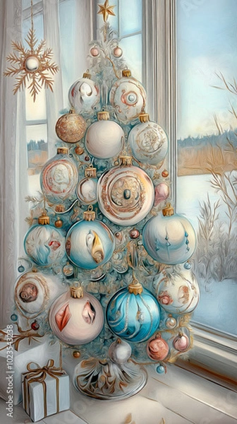 Obraz Vintage christmas tree decorations in room by window.
