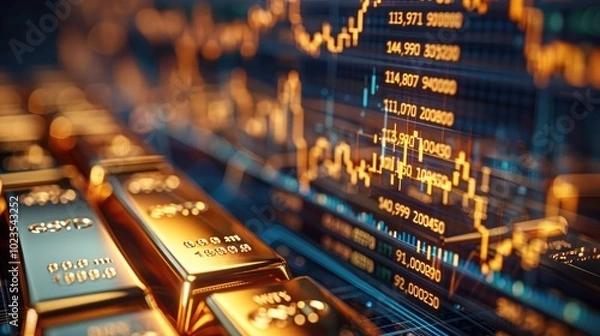 Fototapeta A close-up of a financial graph showing stock prices rising, with gold bars in the foreground.