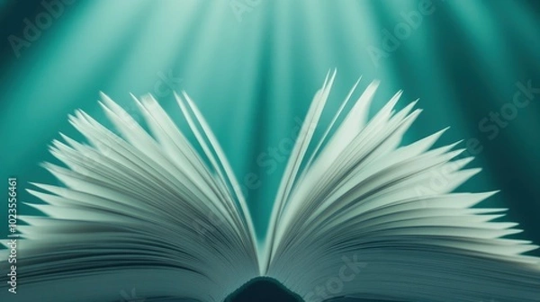 Fototapeta Open book with pages fanned out under ethereal light beams, AI