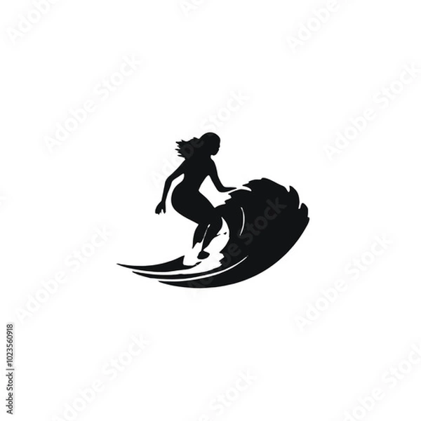 Fototapeta A surfer riding a large wave, vector silhouette, white background