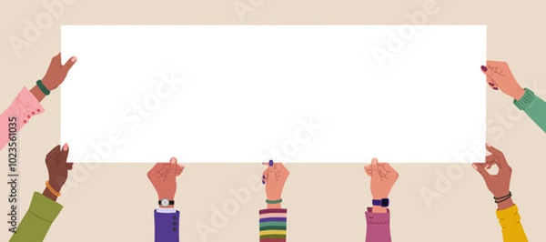Obraz Diverse multiracial hands holding long blank banner. Hand drawn vector illustration isolated on light background. Flat cartoon style.