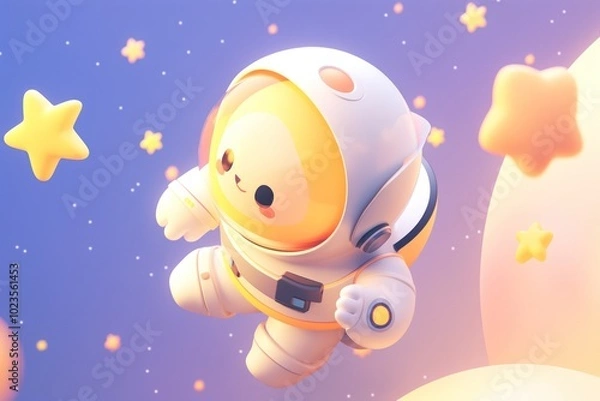 Fototapeta Adorable Cartoon Astronaut Floating in Space