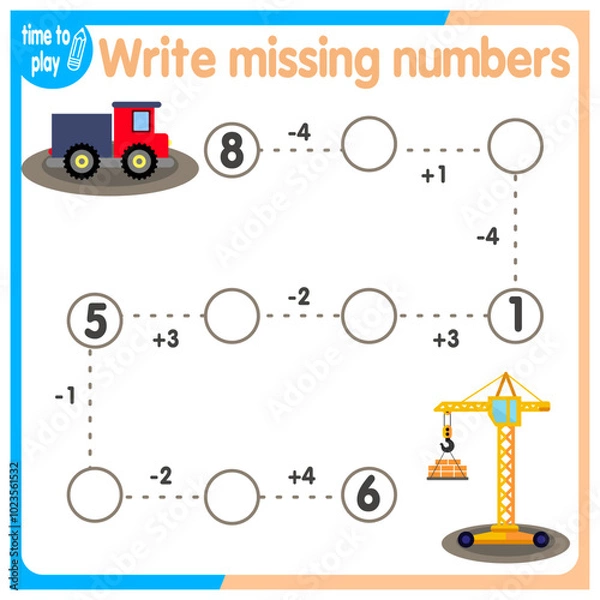 Obraz vector illustration of a children's math game on the theme “I can count.” Mathematical examples of addition and subtraction in a playful way.	
