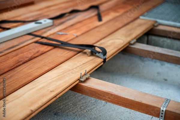 Obraz Wooden terrace construction and iInstallation in progress