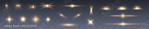 Fototapeta Set of bright yellow light effects: stars, sun, flash, scroll lines for Christmas holidays. Gold light spiral effect. Glittering wavy trail.	