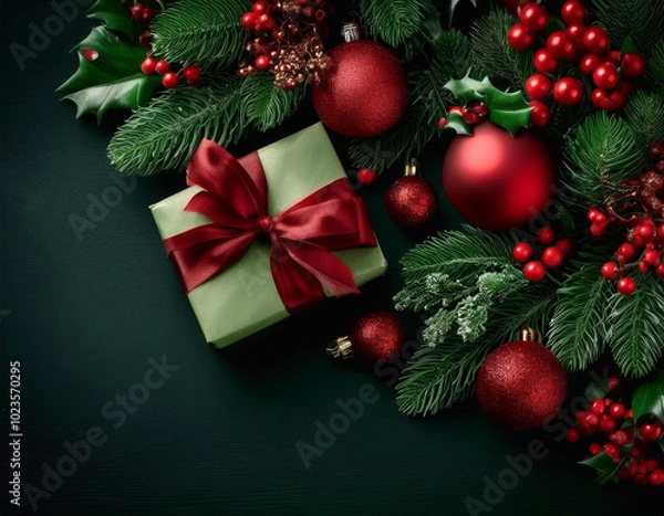 Fototapeta Christmas backdrop with festive decorations featuring a red and green theme, creating a classic holiday atmosphere.