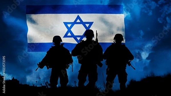Fototapeta Silhouette of soldiers in front of an Israeli flag, symbolizing military presence and national identity.