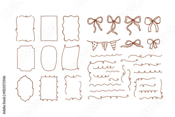 Fototapeta Set of ribbon, bow and frame doodle isolated on white background. Vintage wedding line art drawing sketch. Birthday gift border retro graphic. Abstract party cute tie. Vector outline illustration
