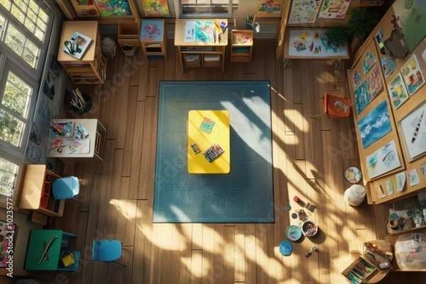 Fototapeta Top view of a colorful classroom filled with art supplies, wooden tables, and sunlight streaming through large windows.