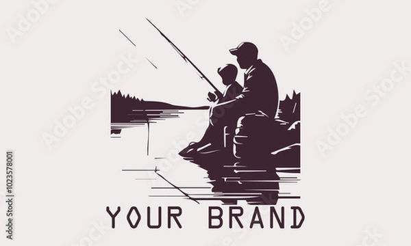 Fototapeta This vector illustration shows the silhouette of a father and son enjoying fishing by the lake at sunset. create a calm and peaceful atmosphere. This illustration is perfect for use as a design