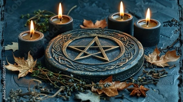 Obraz Ancient-looking pentagram altar surrounded by candles and autumn leaves in a mystical setting