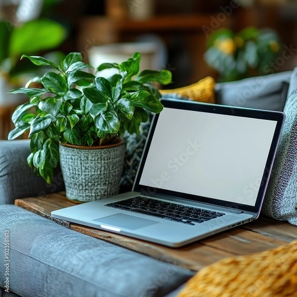 Obraz Laptop and Houseplant on a Couch