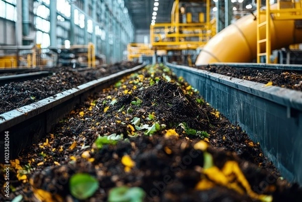 Fototapeta Industrial Conveyor Belt Carrying Organic Waste for Composting