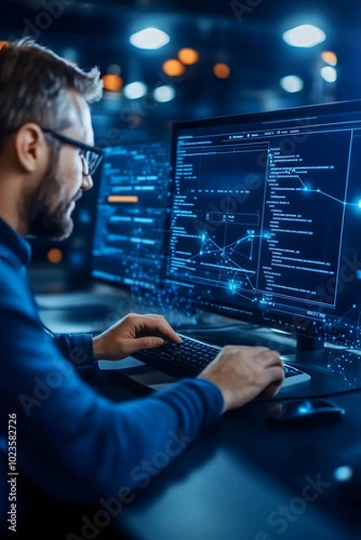 Obraz Man monitoring digital dashboard, system health, performance. automation tools